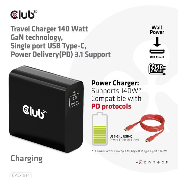CLUB3D TRAVEL CHARGER 140 WATT GaN TECHNOLOGY SINGLE PORT USB TYPE-C POWER DELIVERY(PD) 3.1 SUPPORT [CAC-1914EU]