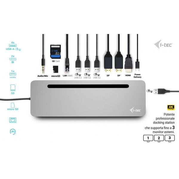 i-tec USB-C Metal Ergonomic 3x 4K Display Docking Station with Power Delivery 100 W + Universal Charger 100 W [C31FLAT2PDPRO100W]