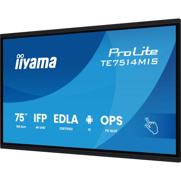iiyama PROLITE TE7514MIS-B2AG Pannello piatto per segnaletica digitale 190,5 cm (75") LCD Wi-Fi 435 cd/m 4K Ultra HD Nero Touch screen Processore integrato Android 24/7 [TE7514MIS-B2AG]