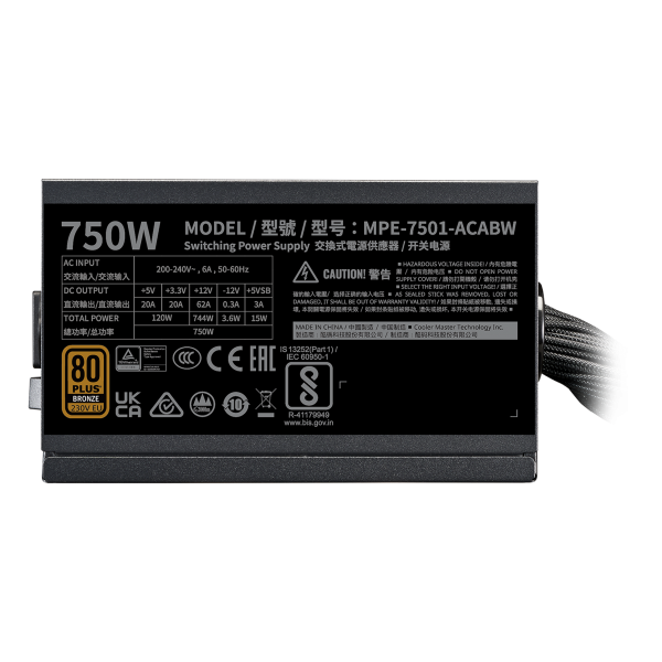 Cooler Master MWE Bronze 750 V3 230V alimentatore per computer 750 W 24-pin ATX ATX Nero [MPE-7501-ACABW-3BEU]