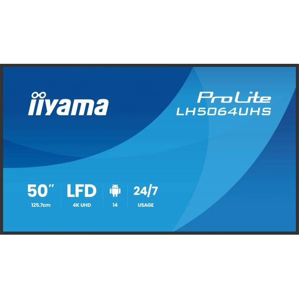 iiyama LH5064UHS-B1AG visualizzatore di messaggi Pannello piatto per segnaletica digitale 127 cm (50") Wi-Fi 500 cd/m 4K Ultra HD Nero Android 24/7 [LH5064UHS-B1AG]