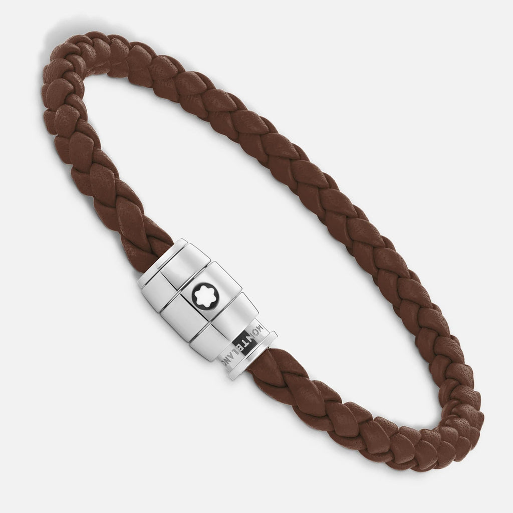 Montblanc bracciale in acciaio a 3 anelli e pelle Meisterstück Marrone Fulvo misura M 13600163