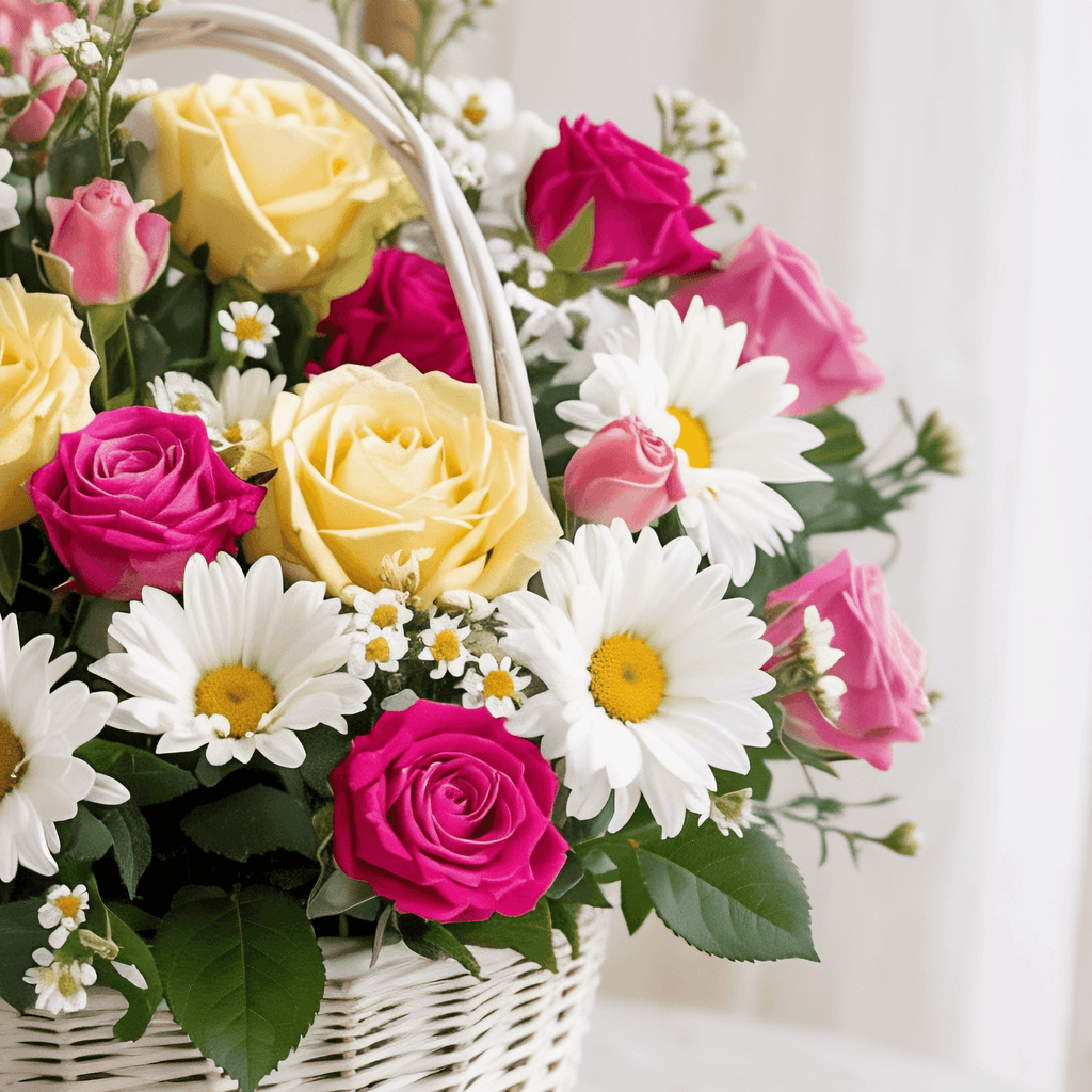 GIOIA FIORITA – Cesto Elegante con Rose Gialle, Rosse e Margherite