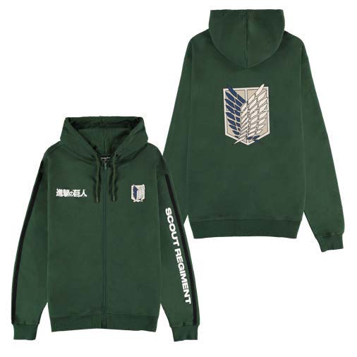 DIFUZED ATTACK ON TITAN - FELPA CON CAPPUCCIO E ZIP VERDE : SCOUT REGIMENT XXL