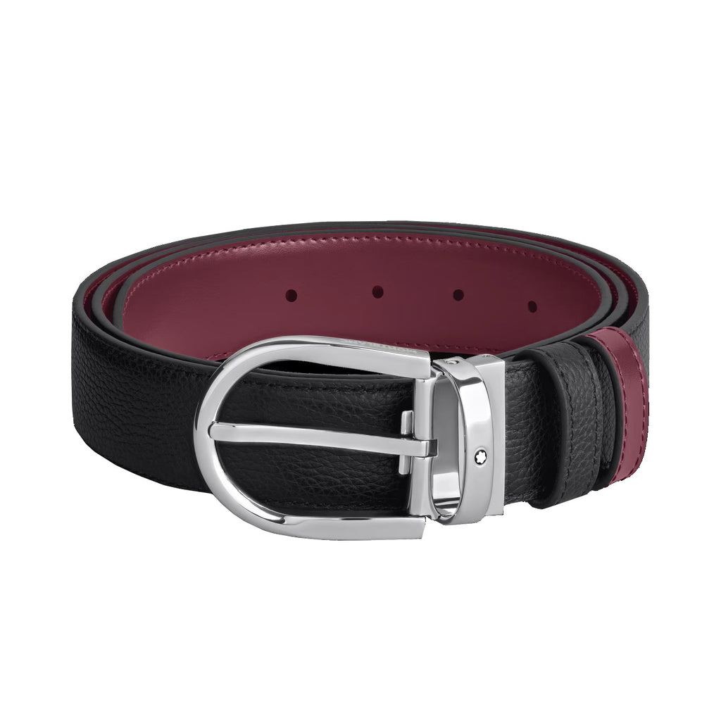 Montblanc cintura reversibile 35 mm pelle nera grana/cassis con fibbia a ferro di cavallo 199665