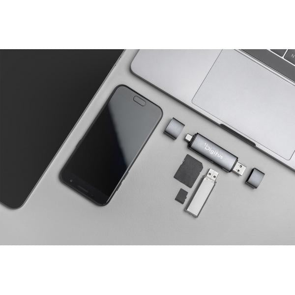 Digitus Combo Card Reader Hub (USB-C+USB 3.0) 1x SD - 1x MicroSD - 1x USB 3.0 - Grey [DA-70886]