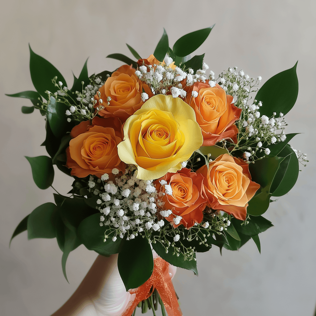 CALORE DEL CUORE – Rose Gialle, Rose Arancio, Verde e Gypsophila