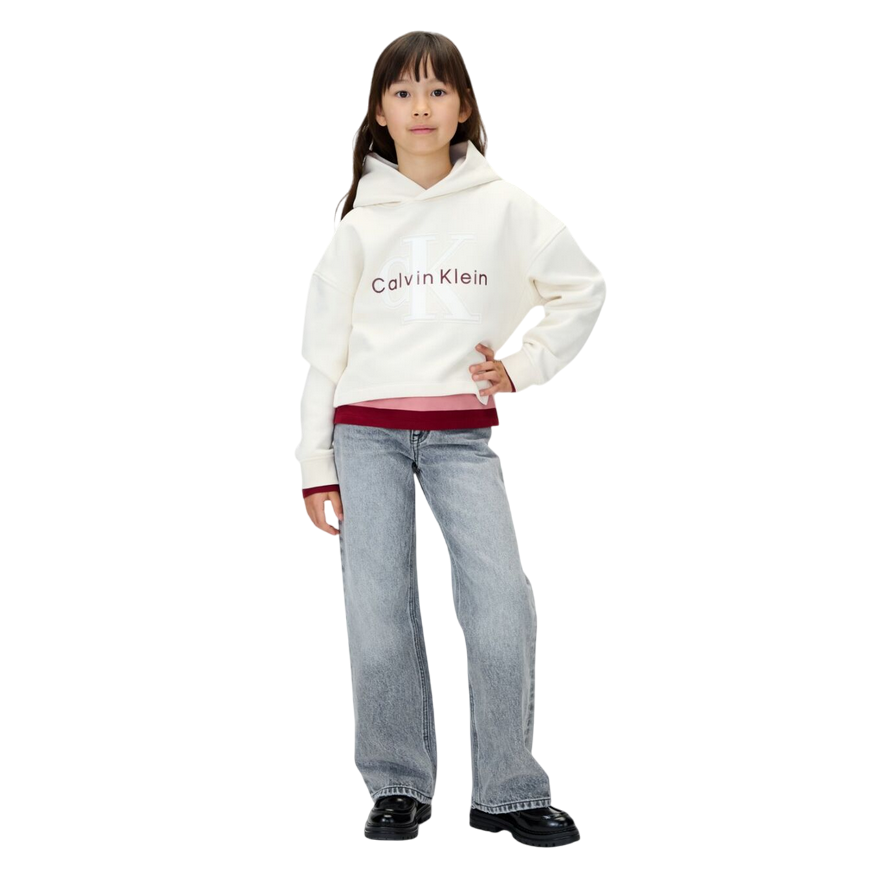 Calvin Klein Felpa con Cappuccio Unisex Junior Festiva Grafica Pile IG0IG03018PGB Panna