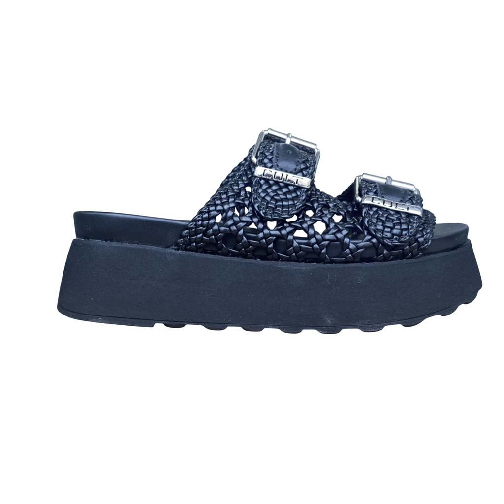 Cult sandalo da donna due fasce in pelle intrecciata impreziosite da fibbie in metallo con logo