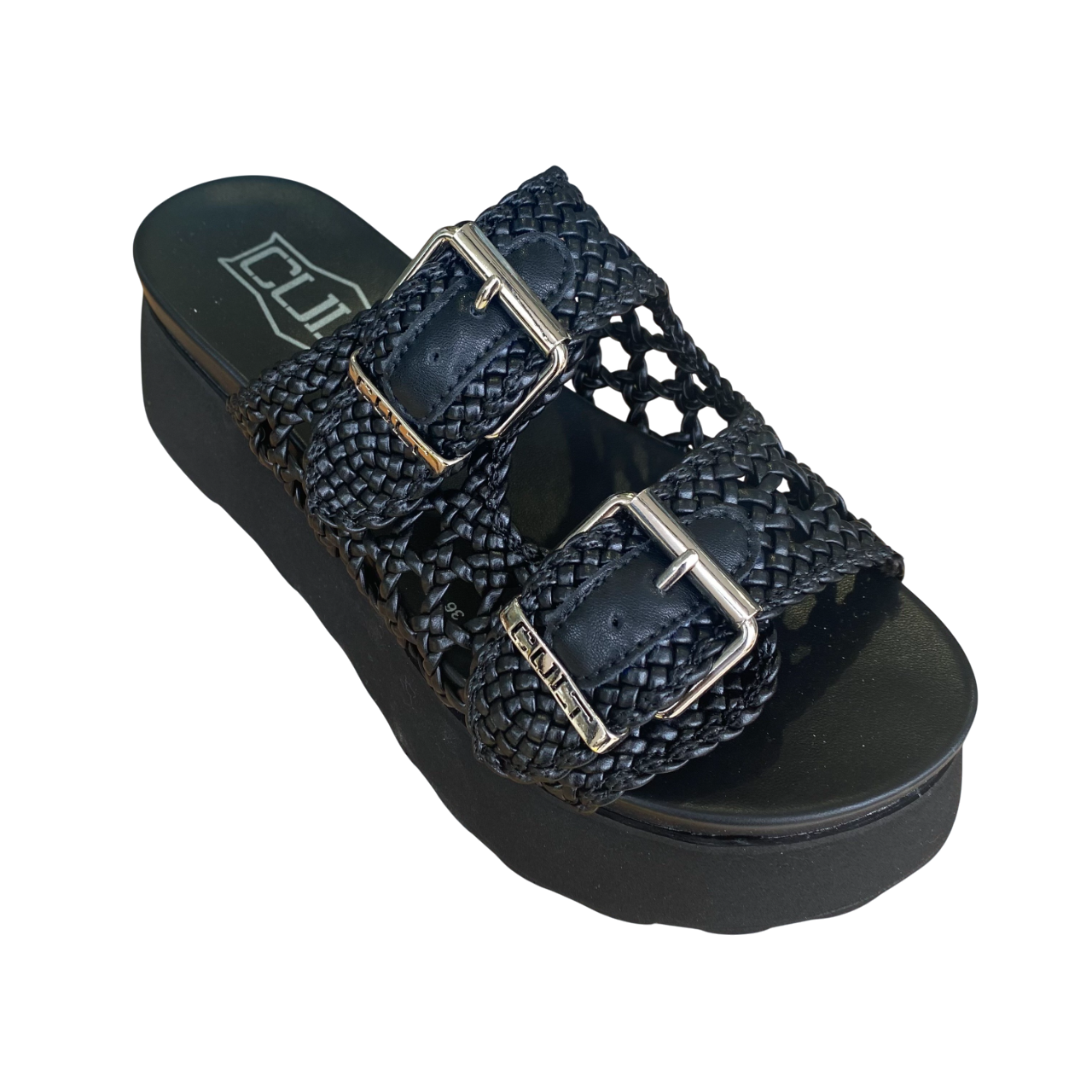 Cult sandalo da donna due fasce in pelle intrecciata impreziosite da fibbie in metallo con logo