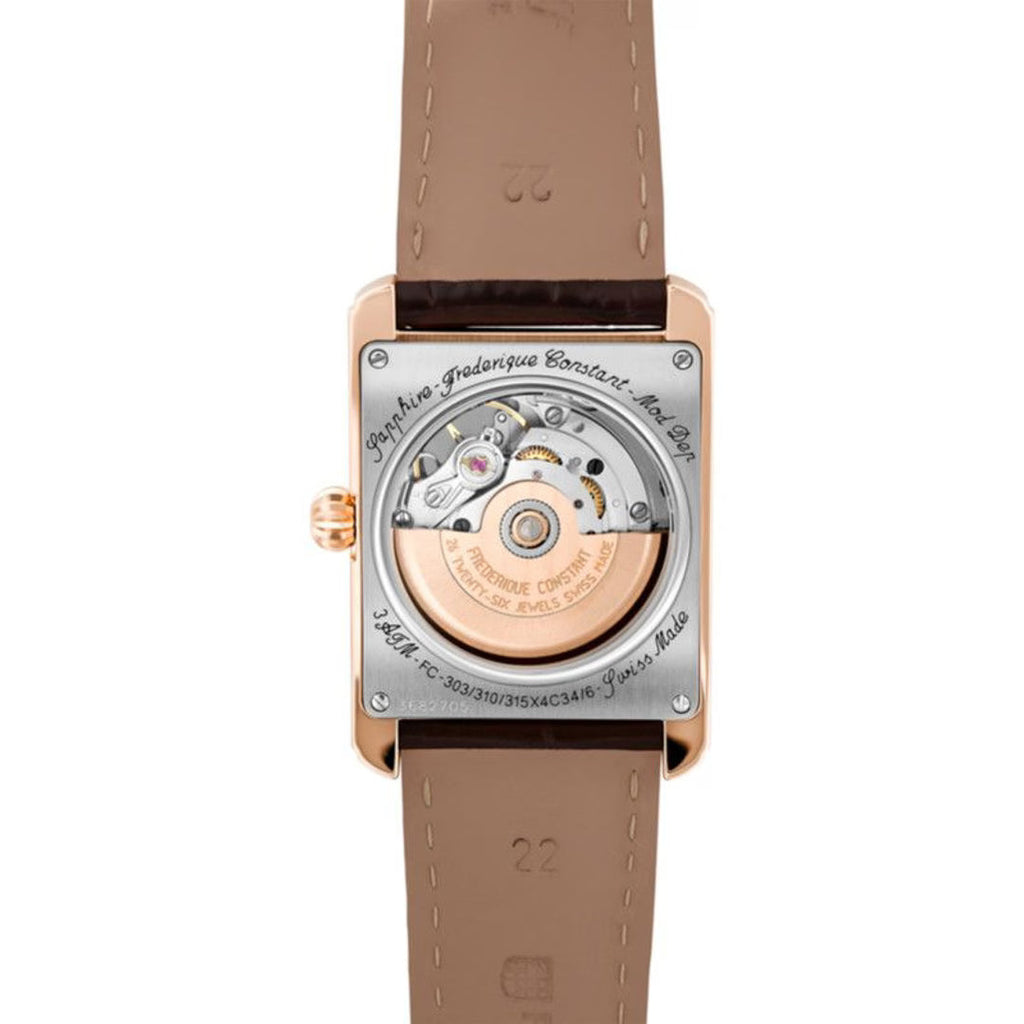 Frederique Constant FC-310MC4S34 – Automatico Swiss Made, quadrante bianco, cassa rettangolare 30.4×33.3 mm acciaio oro rosa