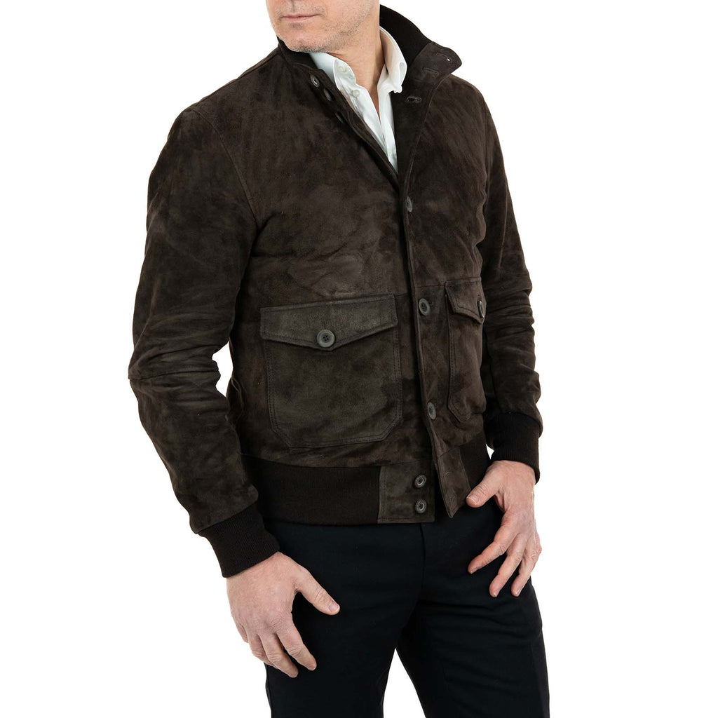 Giacca Bomber In Vera Pelle Camoscio Marrone Uomo Slim Con Bottoni E Tasconi Rindway
