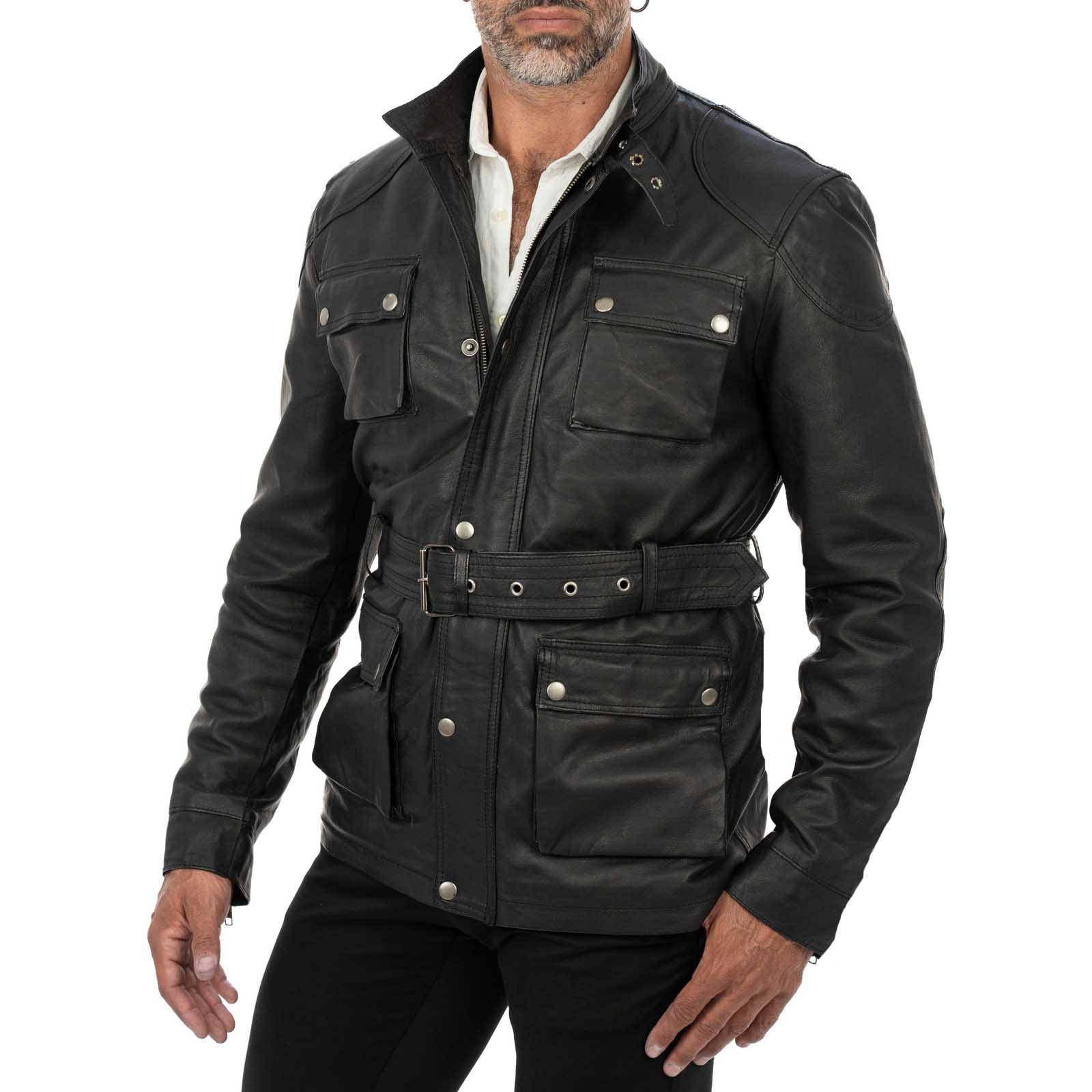 Giaccone Giacca Lungo In Vera Pelle Nera Uomo Slim Con Tasconi e Cintura Vita Rindway