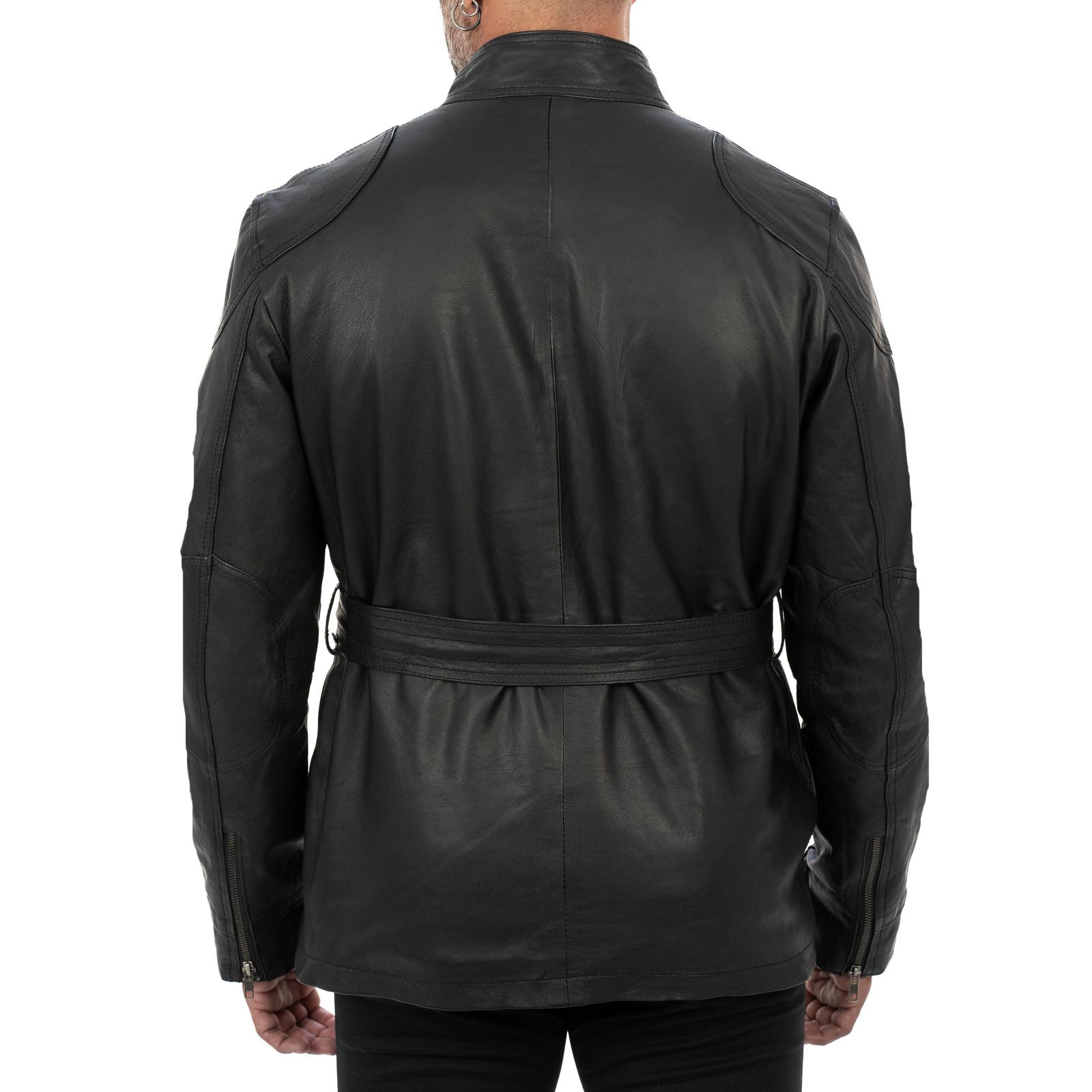 Giaccone Giacca Lungo In Vera Pelle Nera Uomo Slim Con Tasconi e Cintura Vita Rindway