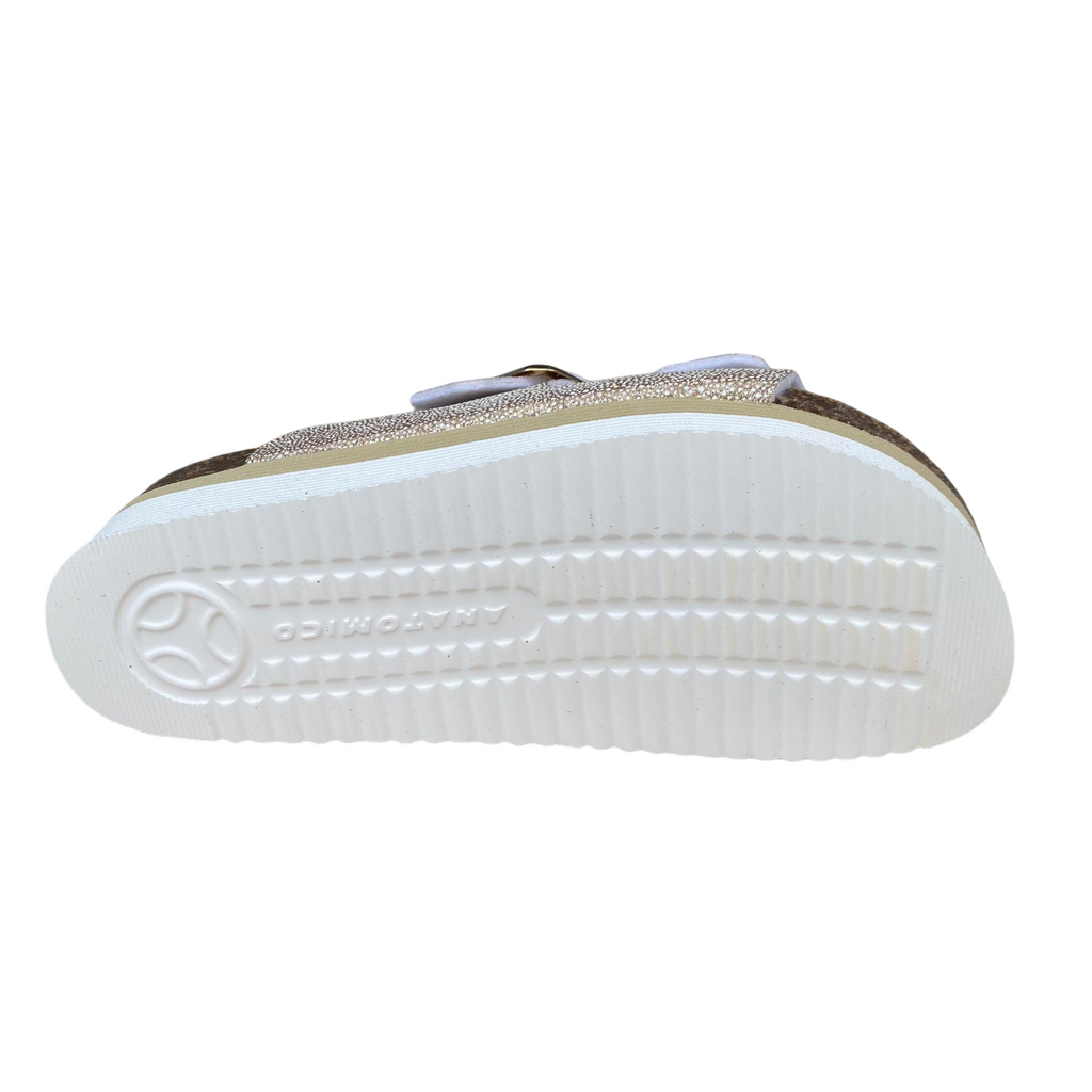 Goldstar ciabatta da donna sottopiede in pelle con 2 fasce glitterate e fibbia dorata GS4801QBK platino