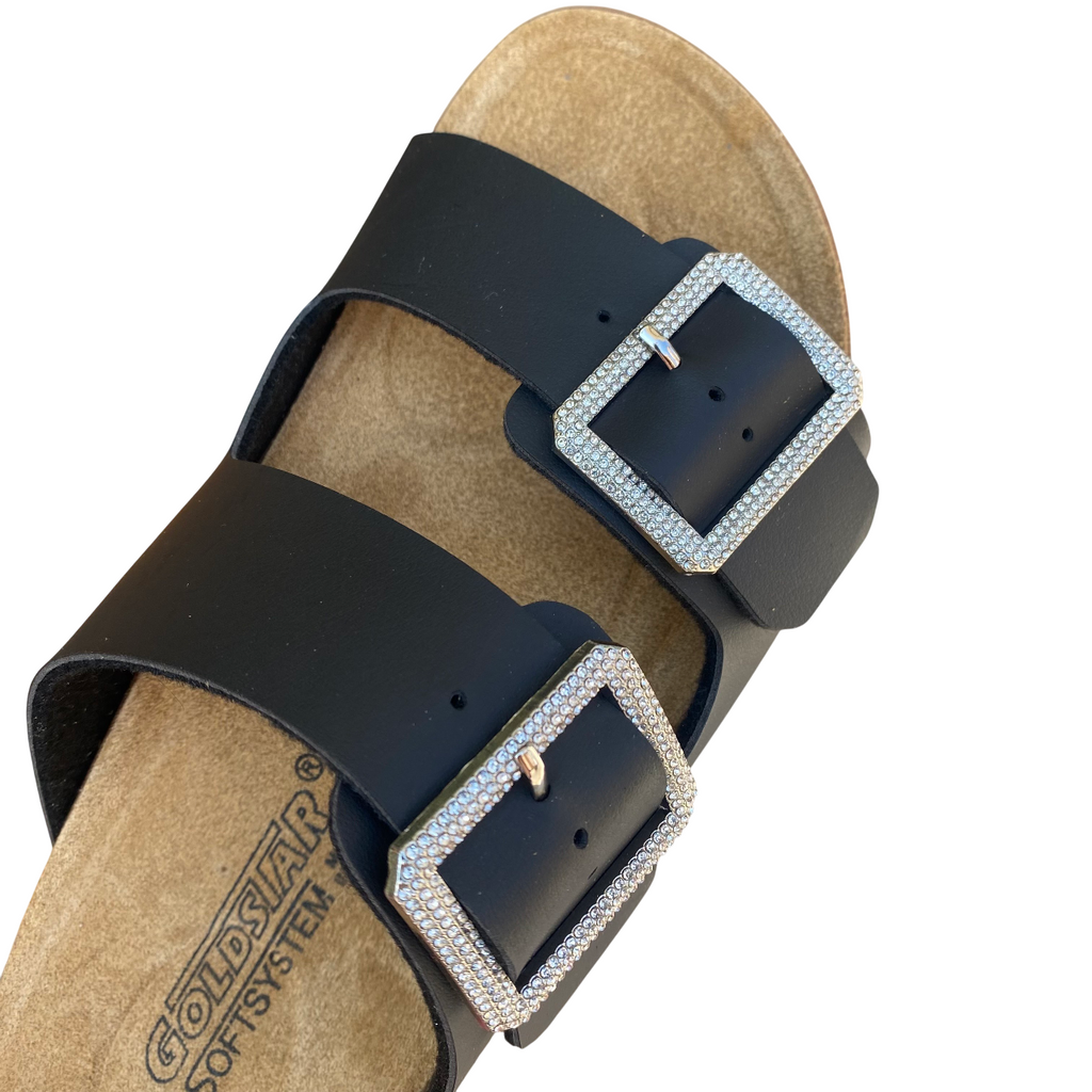 Goldstar ciabatta da donna sottopiede in pelle con 2 fibbie con strass GS31801QS premier nero