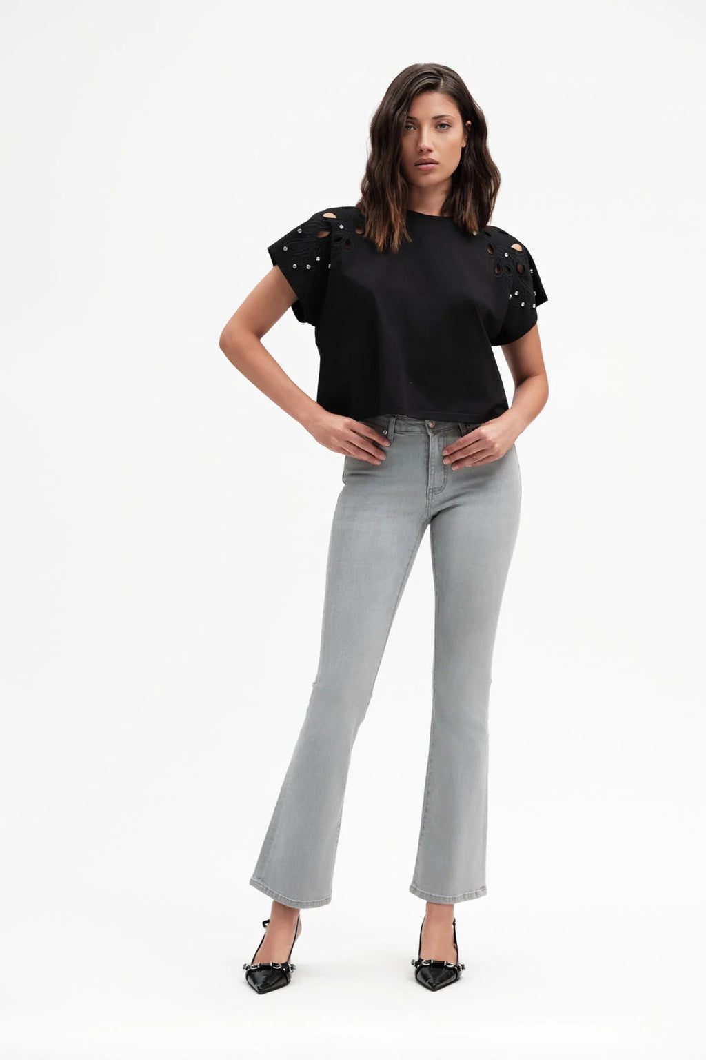 Griffai pantalone jeans donna Flare a zampa DGP7529 grigio