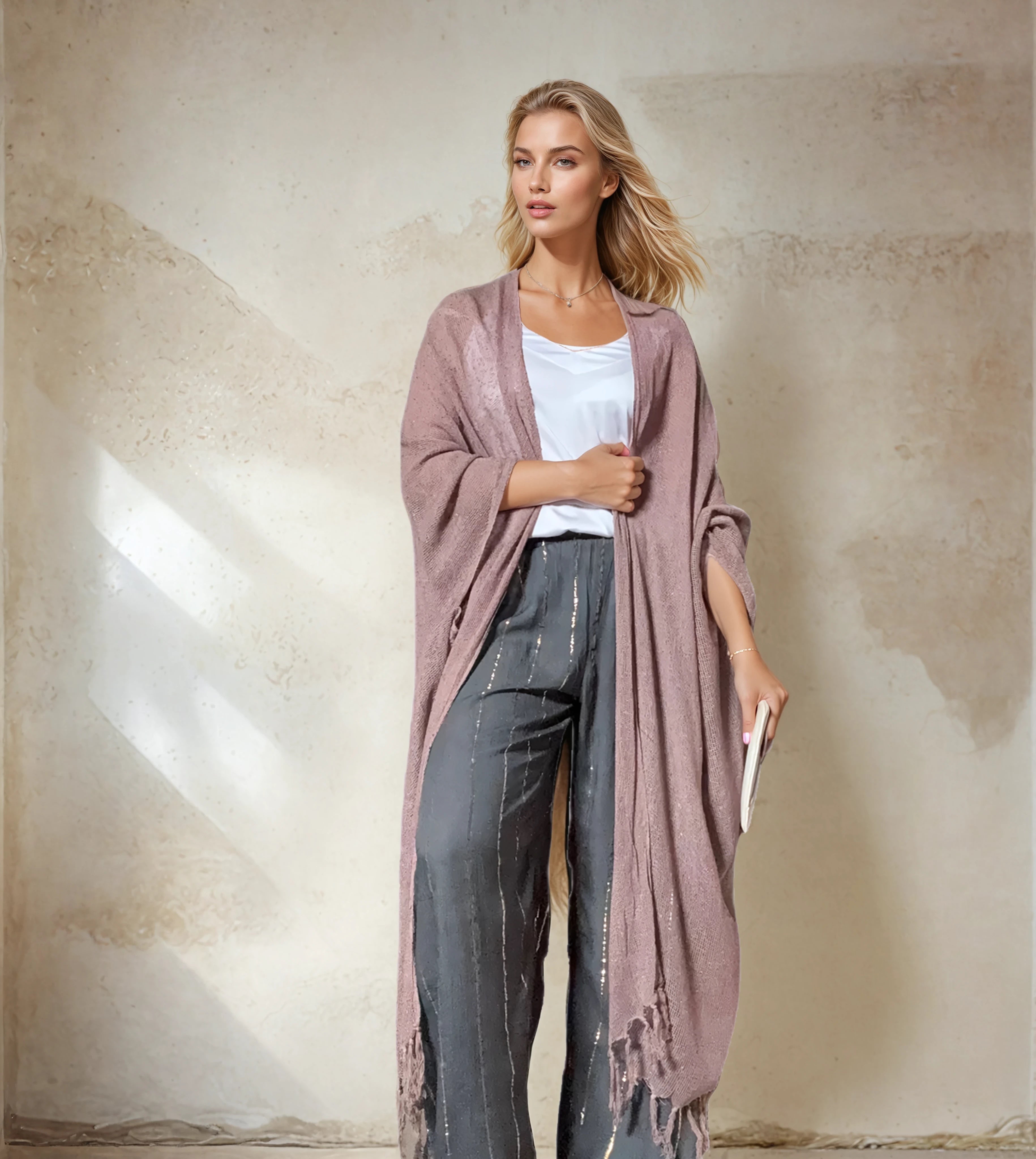 Caftano lungo in cotone grezzo 🌱 Rosa antico