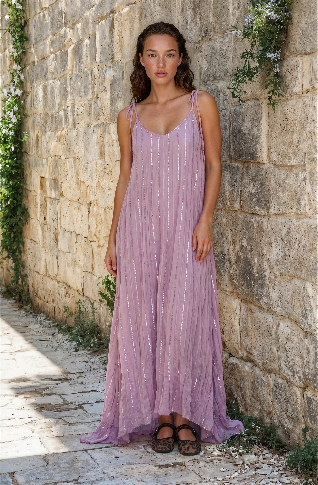 Maxi Dress a righe oro con cintura in cordoncino e nappine✨ Rosa Polvere