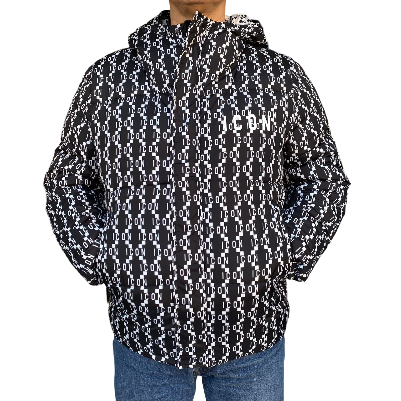 Icon Giubbotto IU9083J Nero Bianco - Giacca Logo Cappuccio Uomo Streetwear Leggera