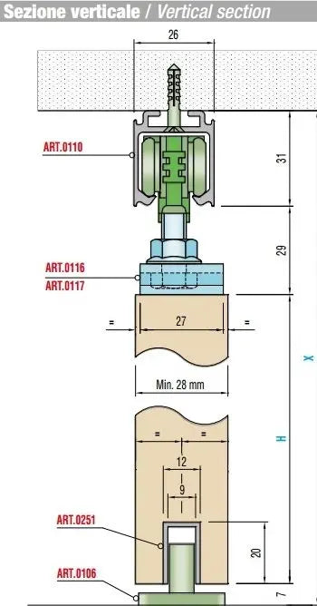KIT PER PORTA SCORREVOLE PORTATA FINO A 80 KG COMPLETO DI BINARIO