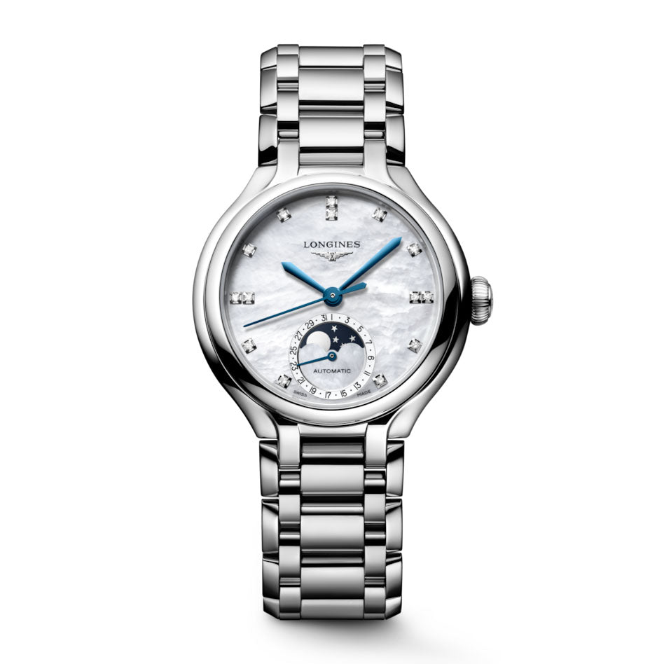 Longines orologio Primaluna Moonphase 34mm madreperla diamanti automatico acciaio L8.126.4.87.6