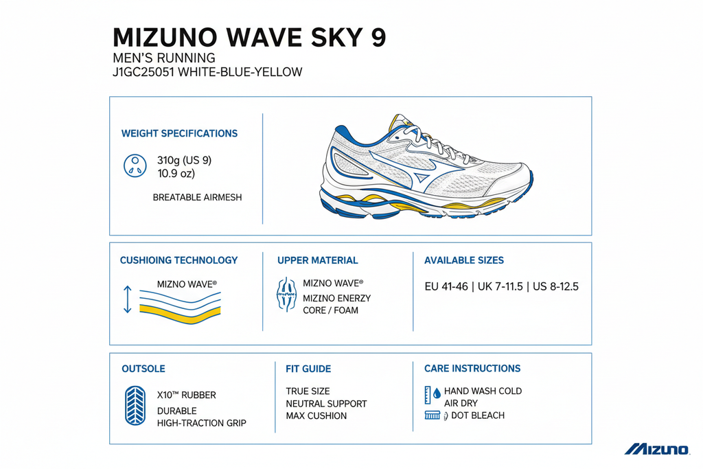 Mizuno Scarpa Running Uomo Wave Sky 9 J1GC250251 Bianco Blu Giallo