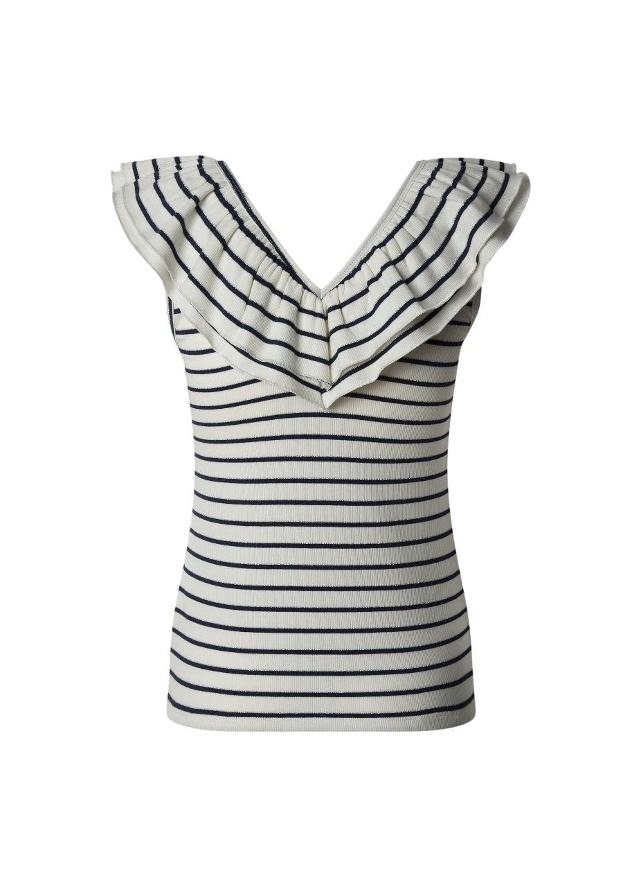 Pepe Jeans canotta con scollo a V in costine a righe con balza Valery PL506017 588 bianco-blu