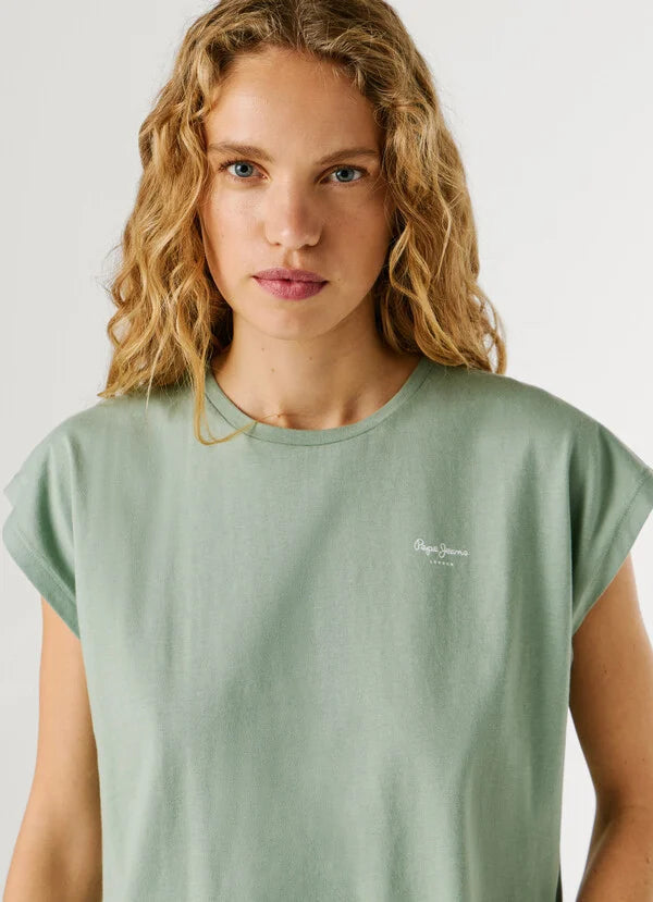 Pepe Jeans t-shirt slim fit con logo stampato da donna Bloom PL504821 610 bleach green