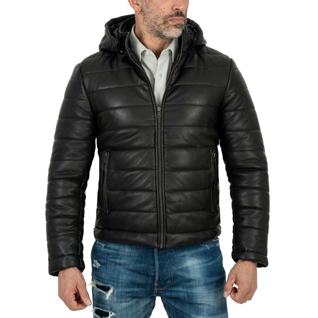 Piumino Giacca In Vera Pelle Nera Uomo Slim Cappuccio Con Cerniera Removibile Rindway