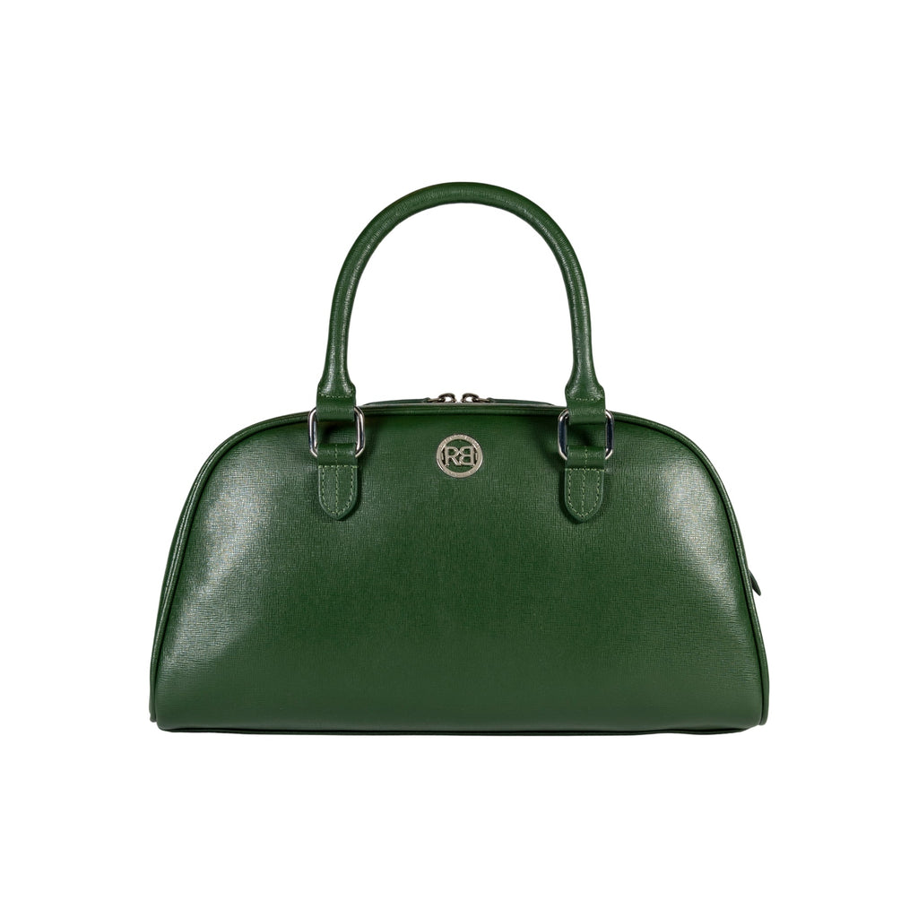 RB1034E | VIRGINIA Women's Bowling Bag in Genuine Saffiano Leather Made in Italy. Polished Silver Metal Hardware. Green Color. Dimensions: 35 x 19 x 14.5 + 12 cm (handle drop)