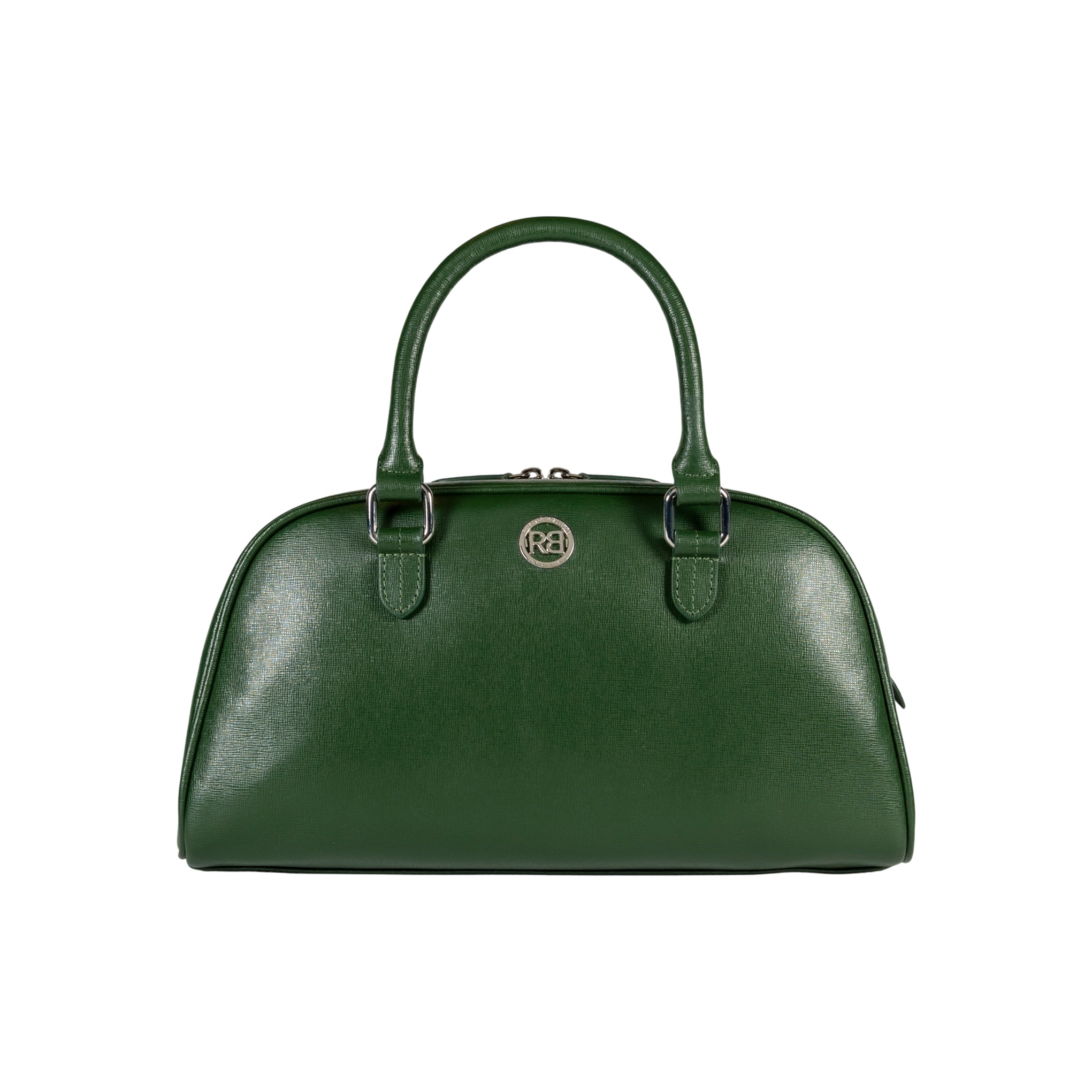 RB1034E | VIRGINIA Women's Bowling Bag in Genuine Saffiano Leather Made in Italy. Polished Silver Metal Hardware. Green Color. Dimensions: 35 x 19 x 14.5 + 12 cm (handle drop)