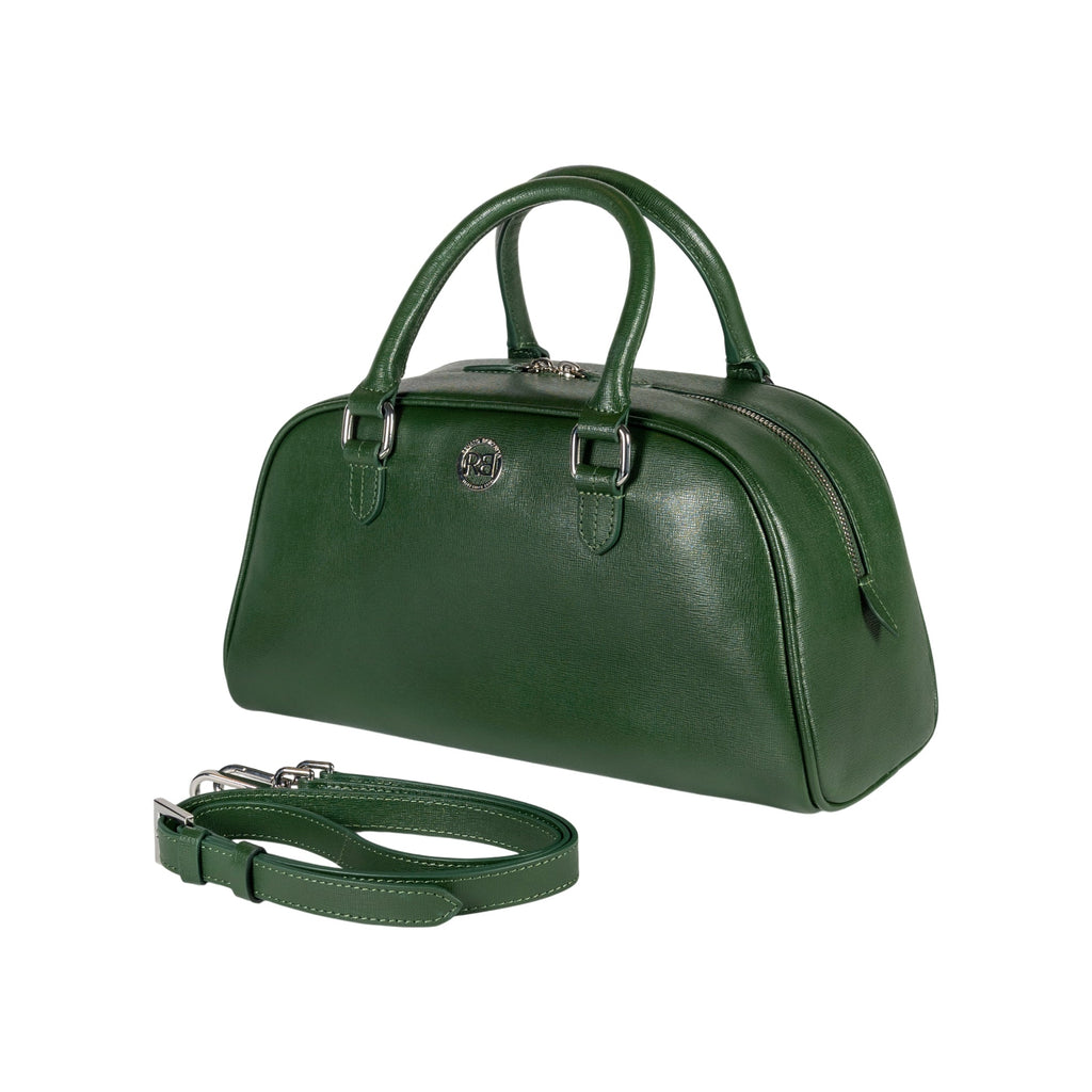 RB1034E | VIRGINIA Women's Bowling Bag in Genuine Saffiano Leather Made in Italy. Polished Silver Metal Hardware. Green Color. Dimensions: 35 x 19 x 14.5 + 12 cm (handle drop)