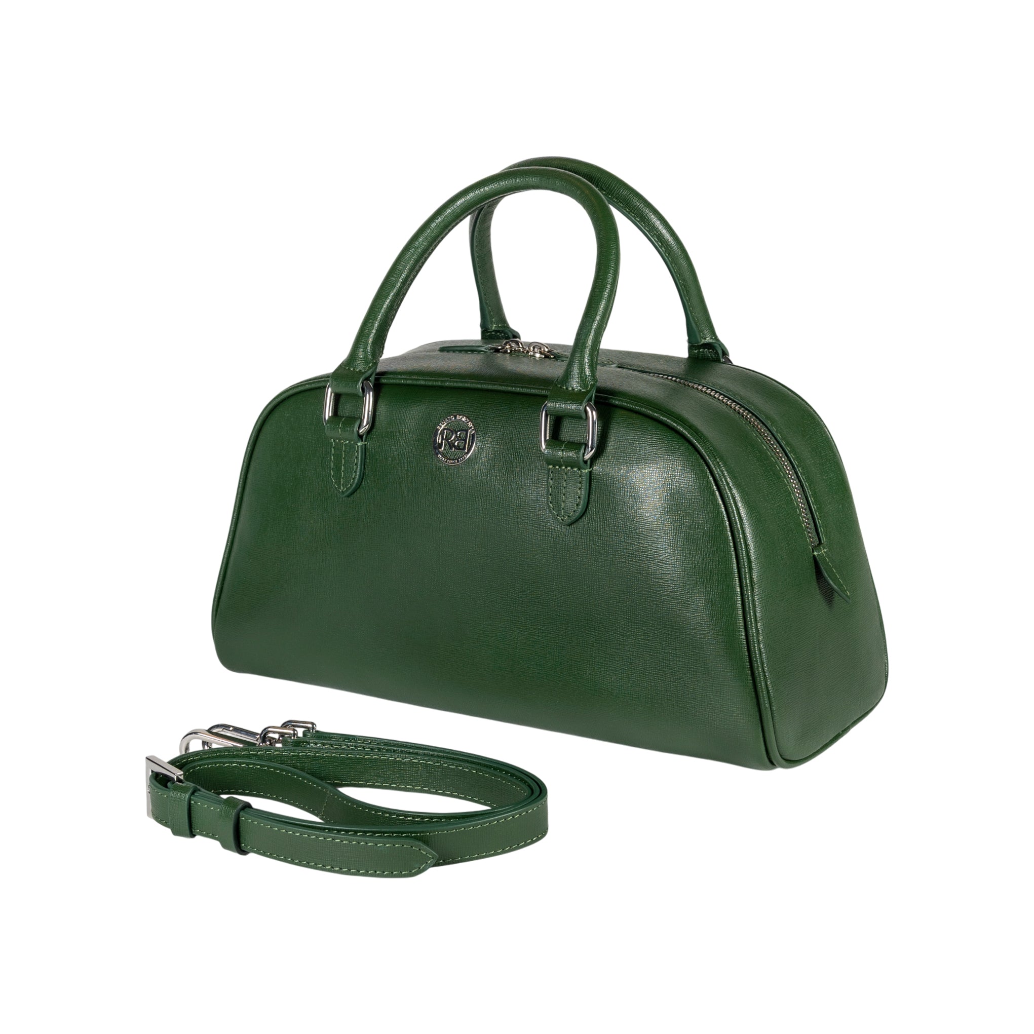 RB1034E | VIRGINIA Women's Bowling Bag in Genuine Saffiano Leather Made in Italy. Polished Silver Metal Hardware. Green Color. Dimensions: 35 x 19 x 14.5 + 12 cm (handle drop)