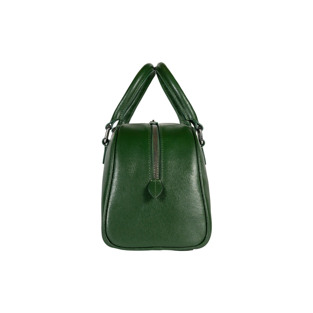RB1034E | VIRGINIA Women's Bowling Bag in Genuine Saffiano Leather Made in Italy. Polished Silver Metal Hardware. Green Color. Dimensions: 35 x 19 x 14.5 + 12 cm (handle drop)