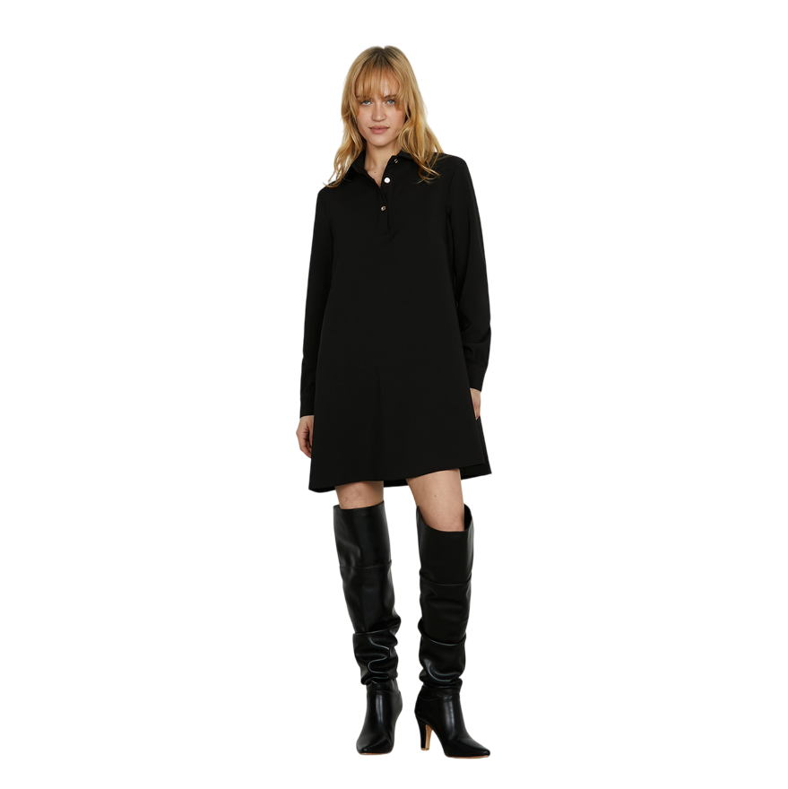 Relish – Abito Donna SOFFIO Corto Manica Lunga con Scollo Camicia RDA2509006043 Nero | Minimal Chic, Vestibilità Versatile e Classe Made in Italy