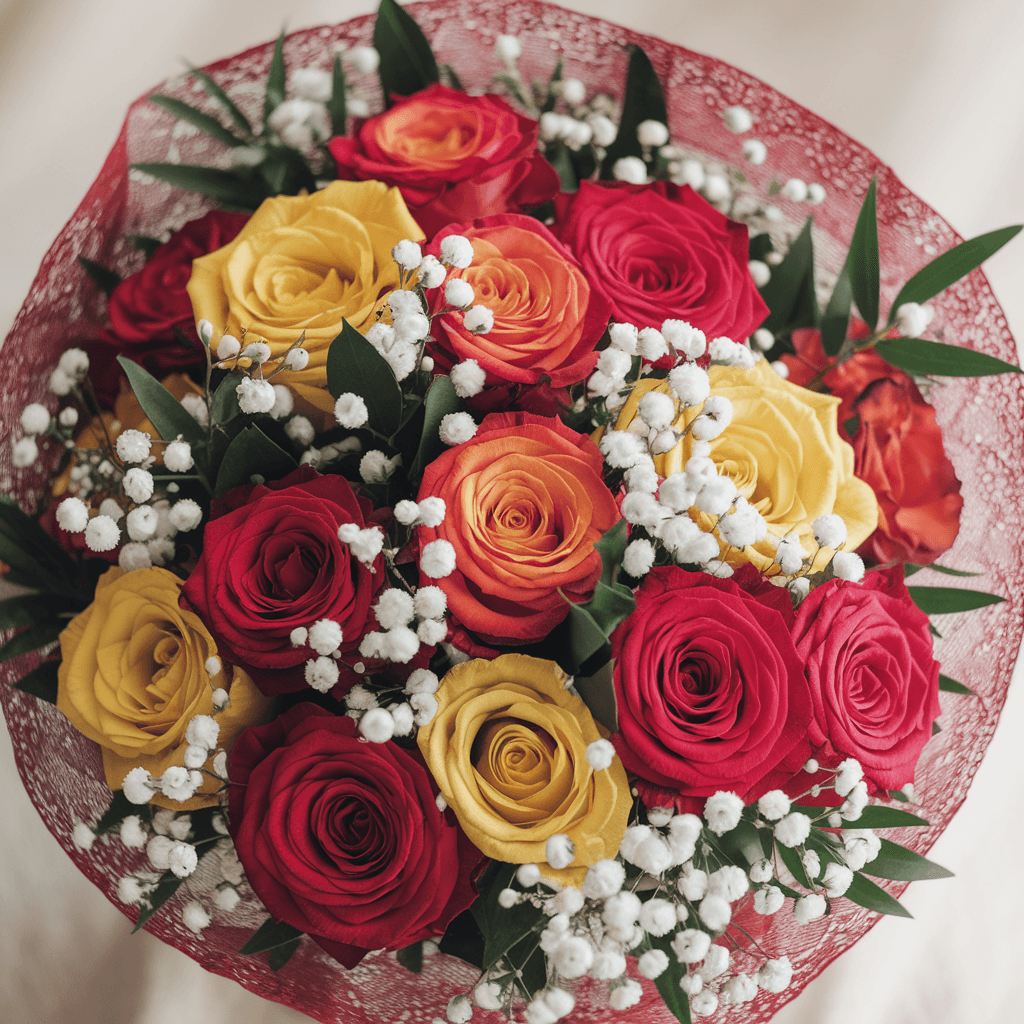 FIAMME DI GIOIA - Rose Rosse, Gialle, Arancio, Verde e Gypsophila