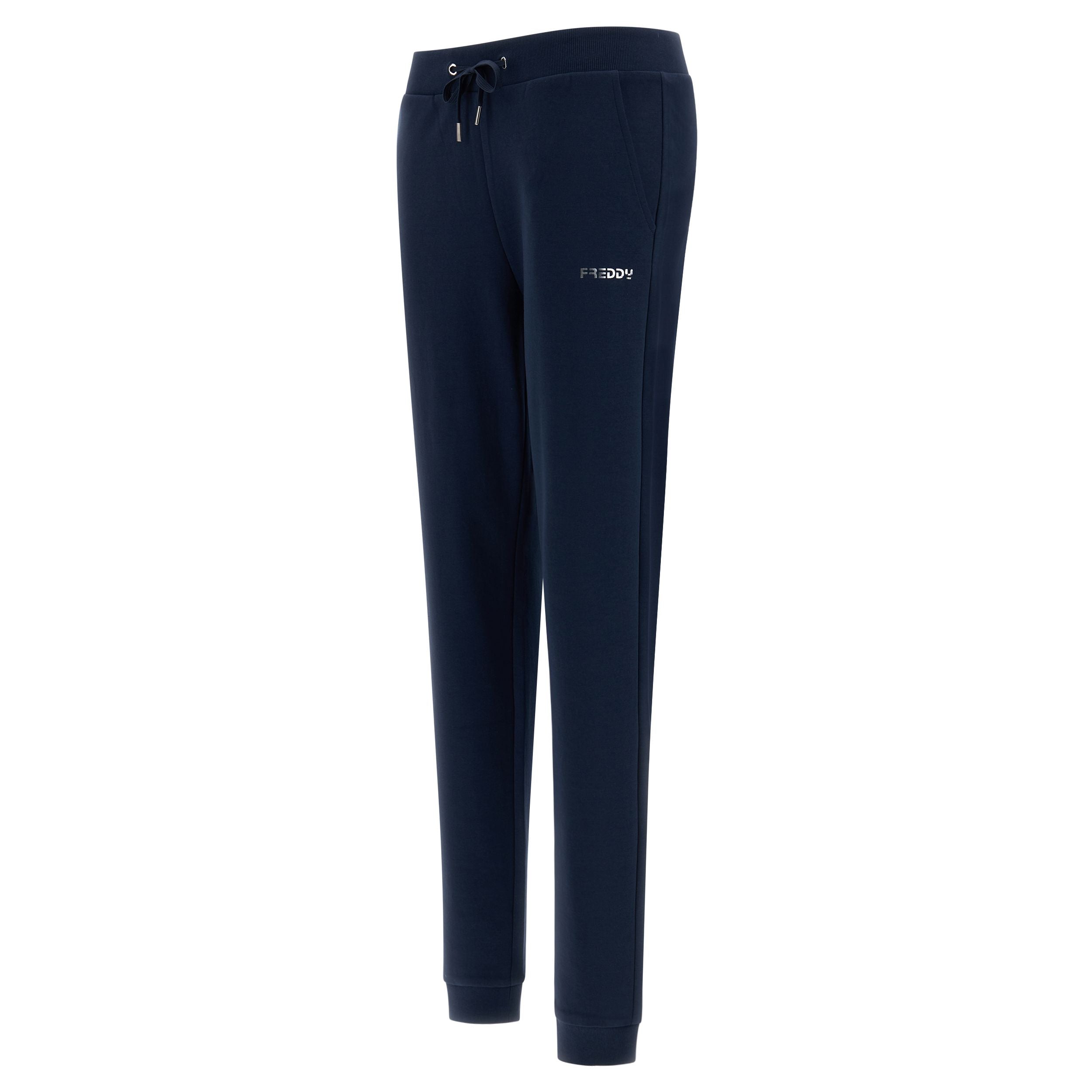 Freddy pantalone sportivo in interlock  con stampa in argento e fondo con polsino S3WBCP8 B94 blu navy