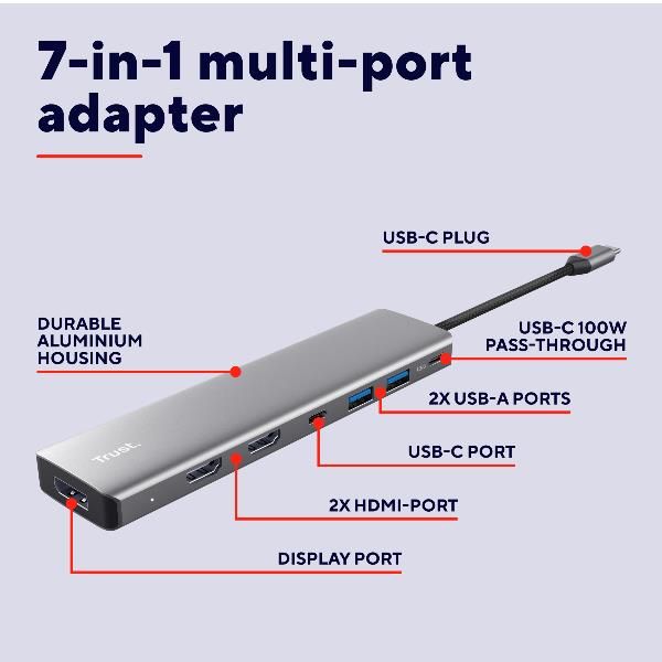ADATTATORE DOCKING STATION MULTIPORT 7 IN 1, 2 HDMI 4K (60HZ)+ 1 DP 4K (60HZ)+ 2 USB-A 3.2 + 1 USB-C PD - TRUST DALYX 7-IN-1 - ALLUMINIO [25661]