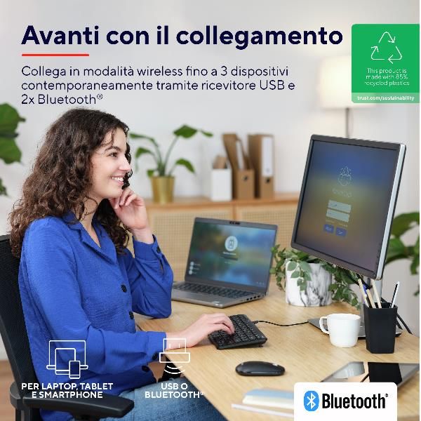 TASTIERA WIRELESS RICARICABILE MULTICONNECT 2 BT + 1 WL 2,4GHZ - PLASTICA RICICLATA 85% - LAYOUT ITALIANO - TRUST LYRA NERO [24708]
