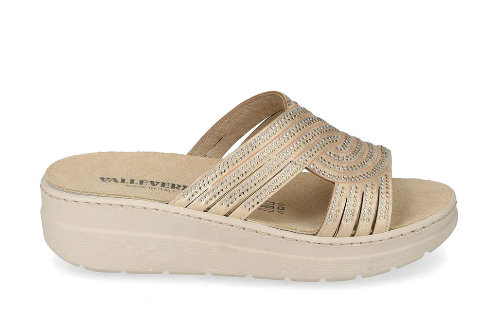 Valleverde Sandalo Ciabatta Donna Platino Fasce Incrociate Zeppa - 55601