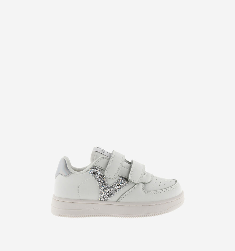 Victoria Sneakers Bambina 1124106 Bianco Glitter Strappo Effetto Pelle