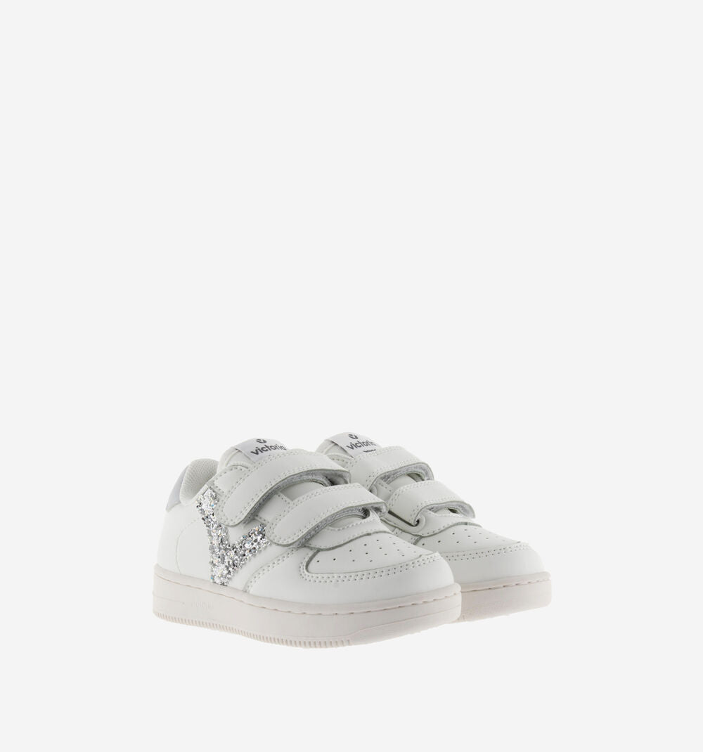 Victoria Sneakers Bambina 1124106 Bianco Glitter Strappo Effetto Pelle