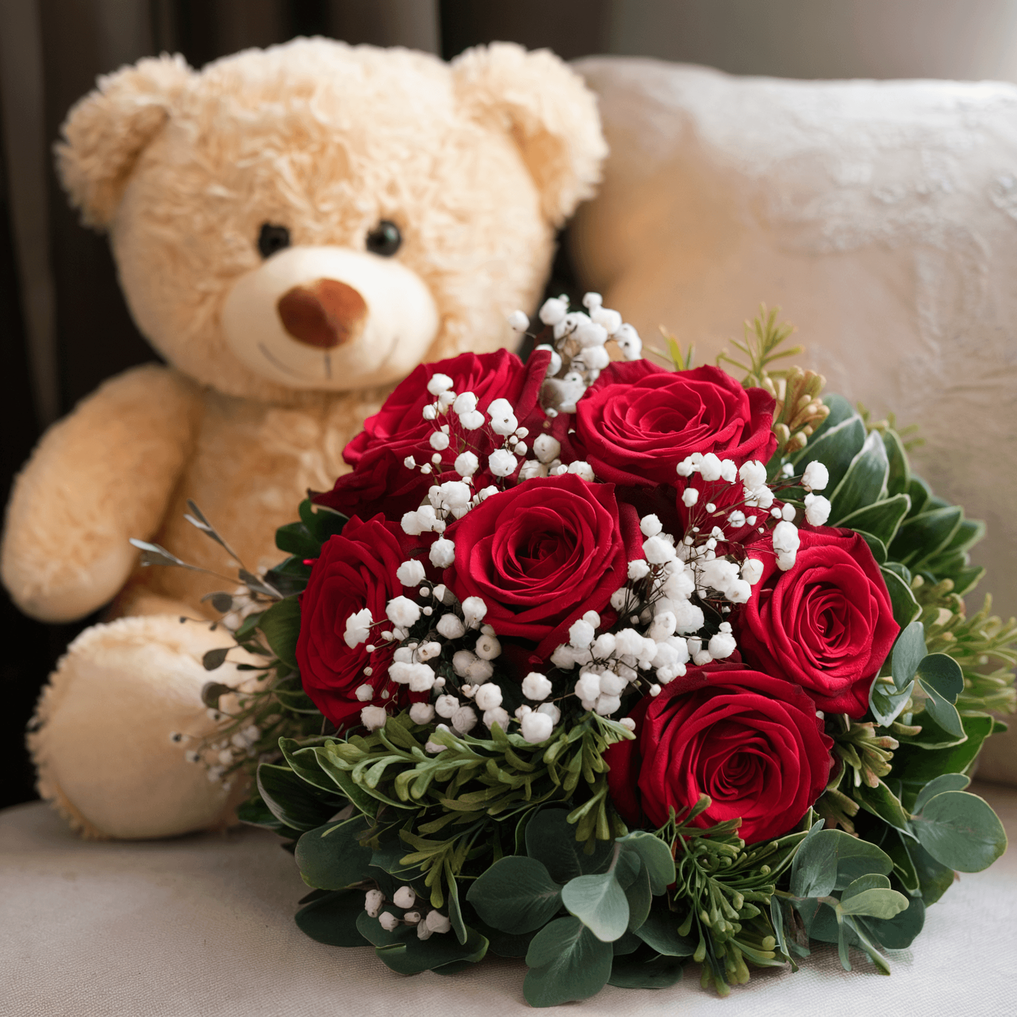 TENEREZZA ROSSA – Rose Rosse, Gypsophila, Verde Decorativo e Orso di Peluche INCLUSO