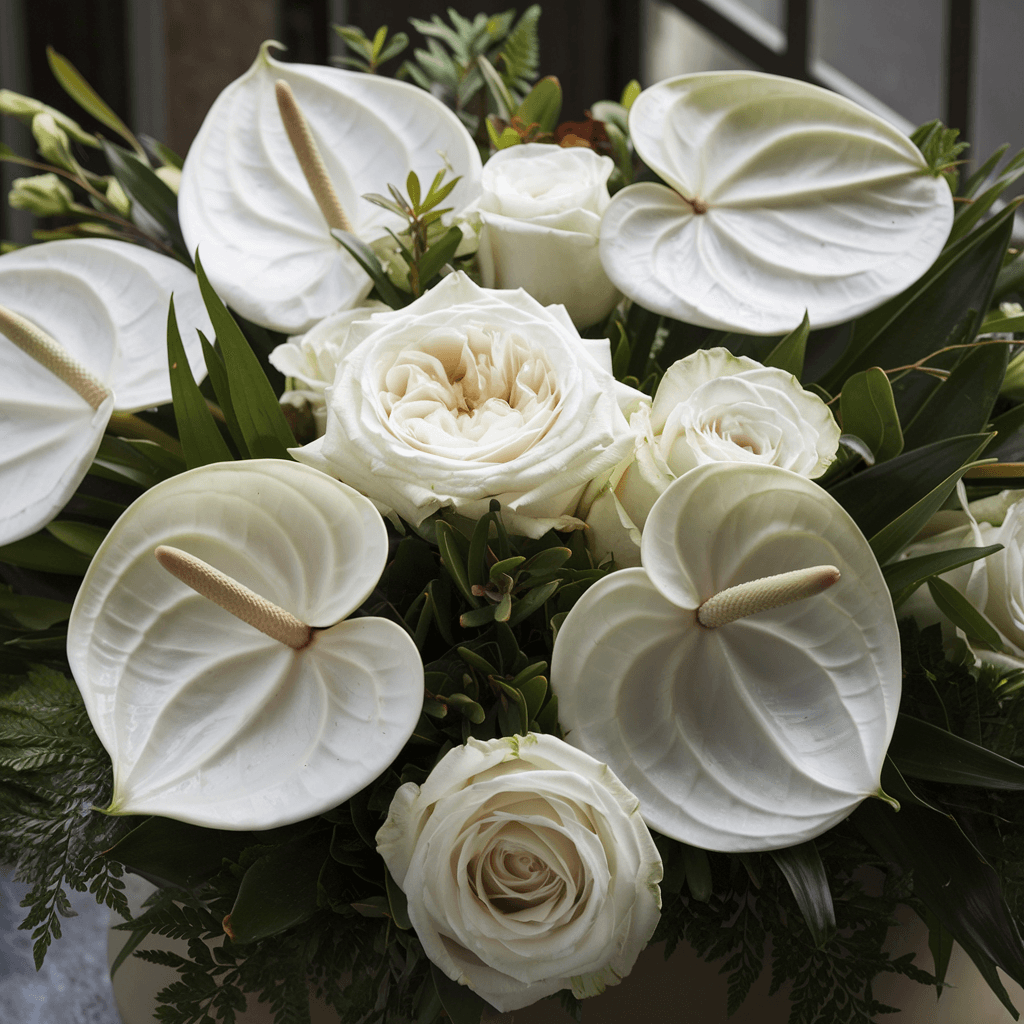 ETERNO RIPOSO – Ciotola Funebre con Anthurium e Rose Bianche