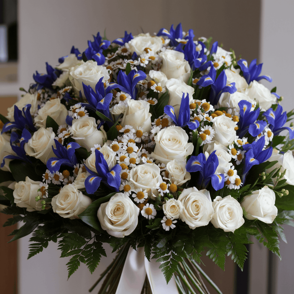 PUREZZA BLU – Bouquet di Rose Bianche e Iris