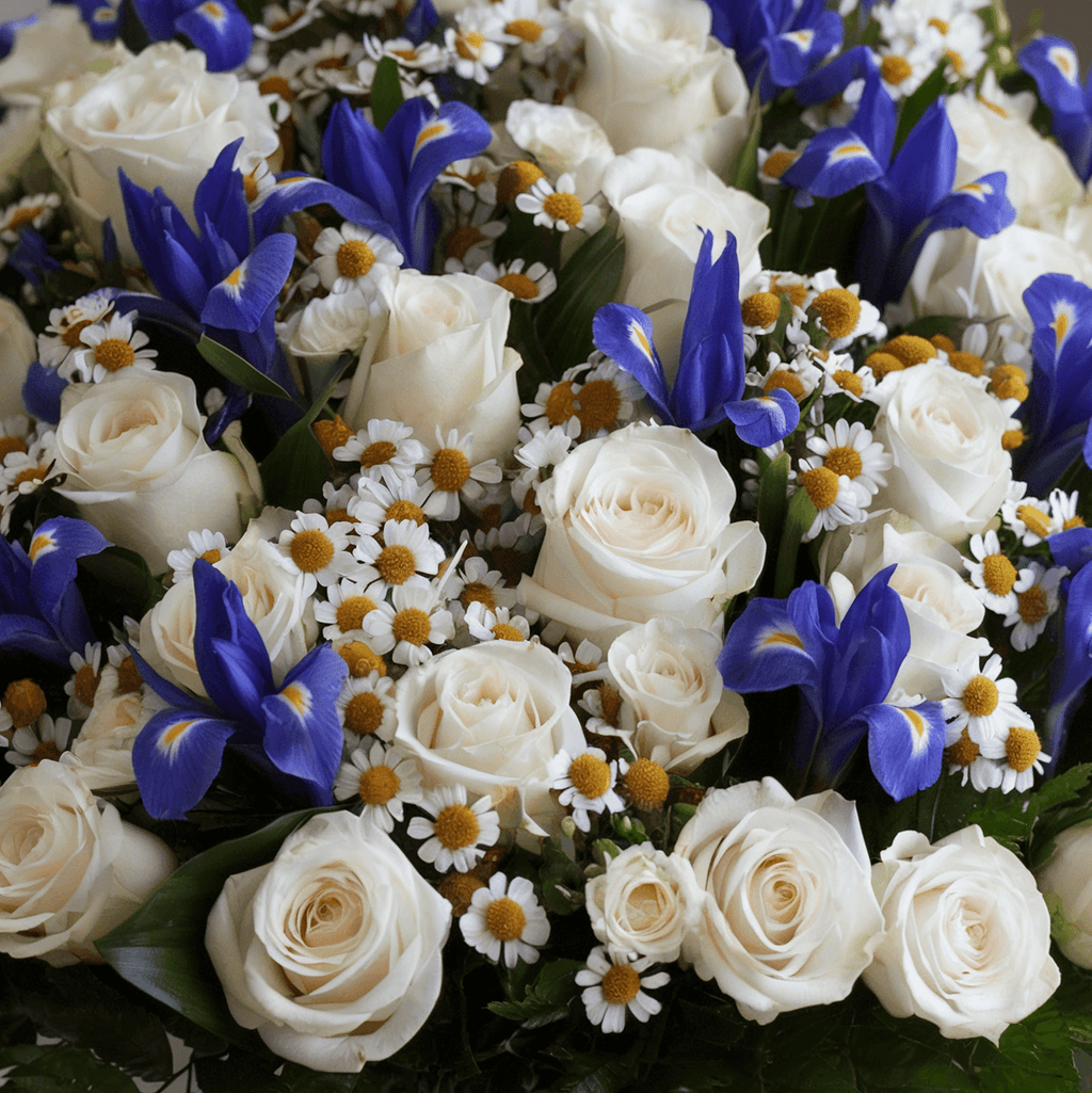 PUREZZA BLU – Bouquet di Rose Bianche e Iris