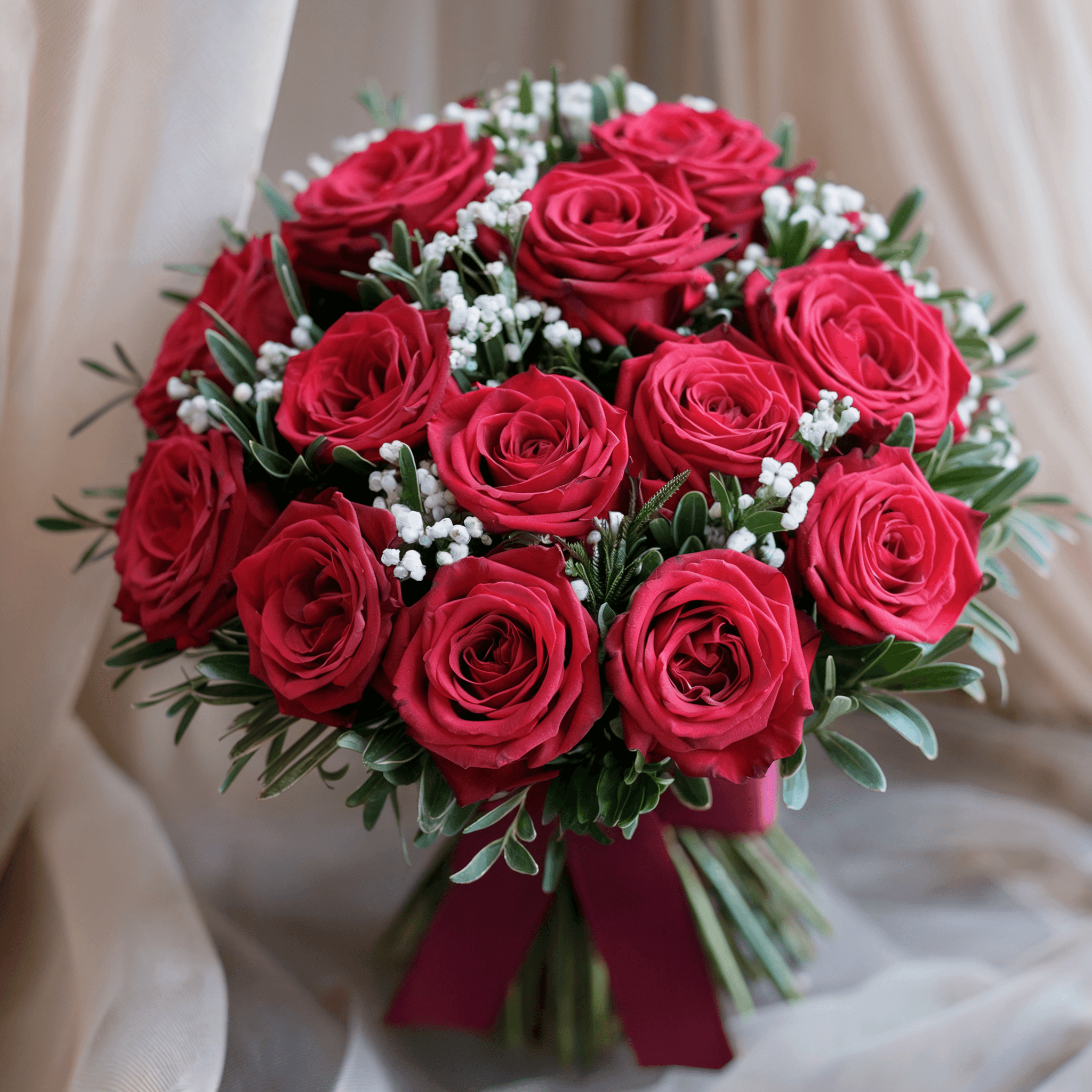 ETERNA PASSIONE – Rose Rosse, Gypsophila e Verde Decorativo