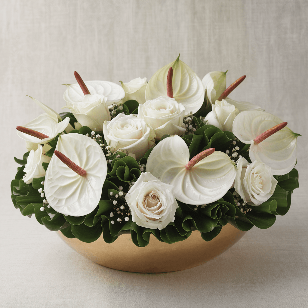 ETERNO RIPOSO – Ciotola Funebre con Anthurium e Rose Bianche