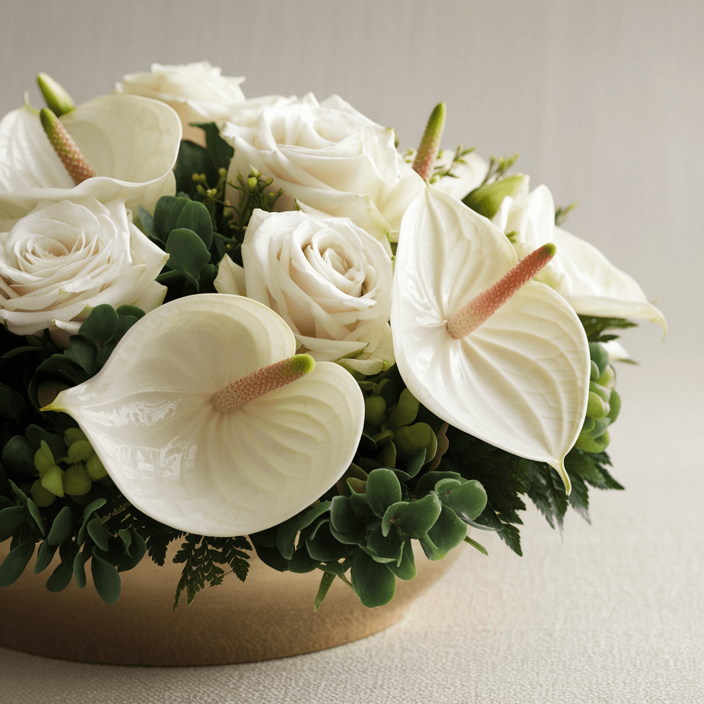 ETERNO RIPOSO – Ciotola Funebre con Anthurium e Rose Bianche
